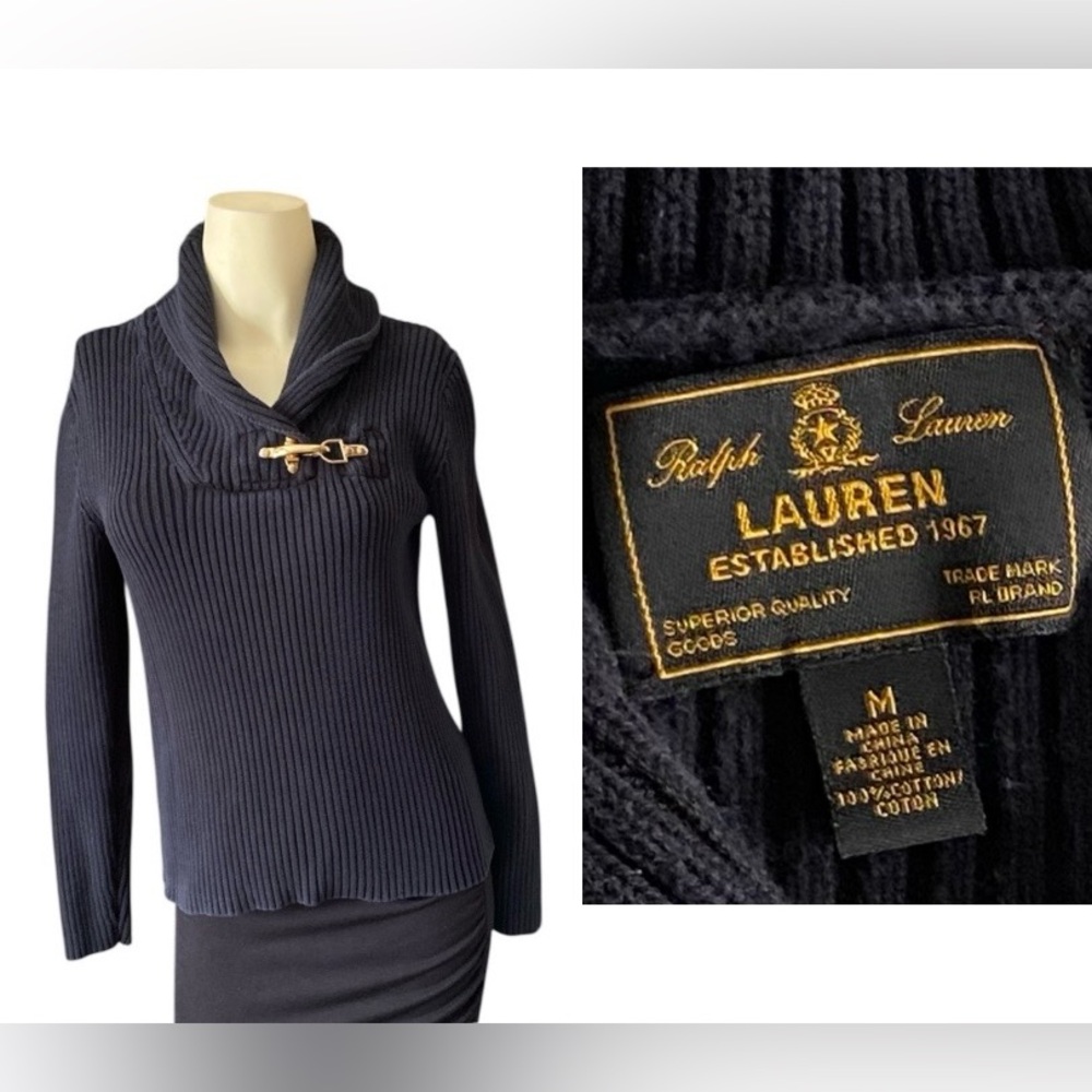 Lauren Ralph Lauren Sweater Women M Black Label Ribbed Lobster Clasp Collar